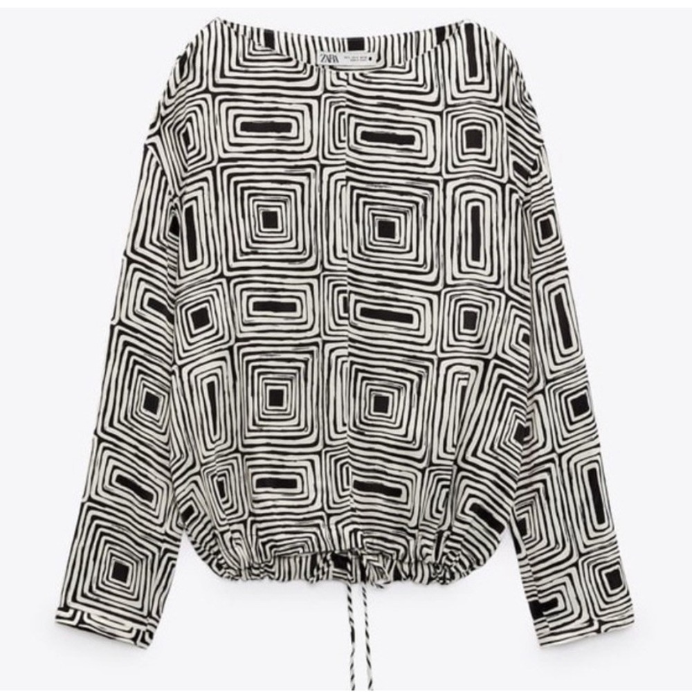 NWT ZARA M Blouse‎ Womens Black/Beige Geometric Print Drawstring Casual Office - Picture 2 of 10